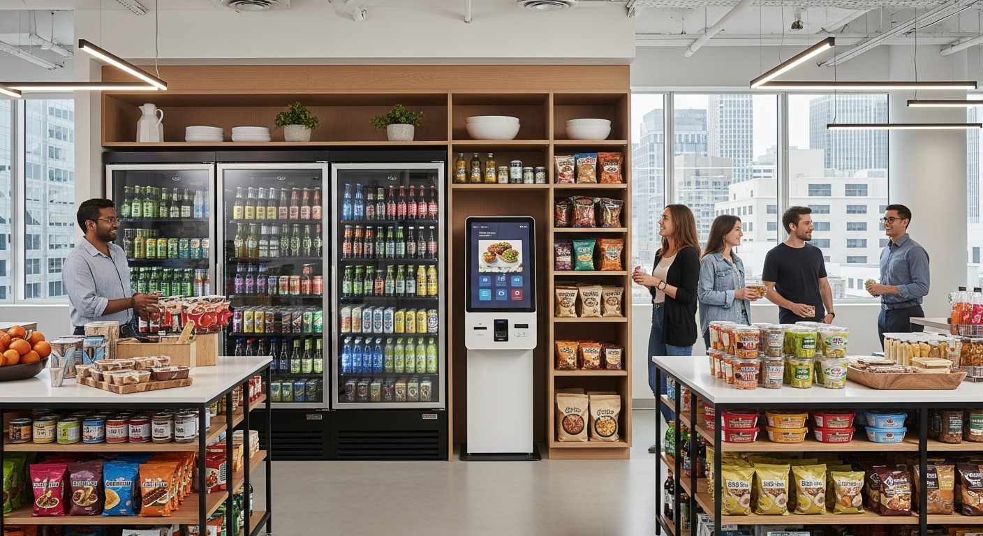 Modern office micro market with self-checkout kiosk