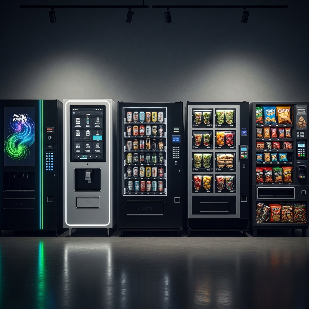Diverse smart vending machines lineup with controllers